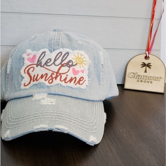 "Hello Sunshine" Distressed Denim Cap New! - Picture 1 of 6